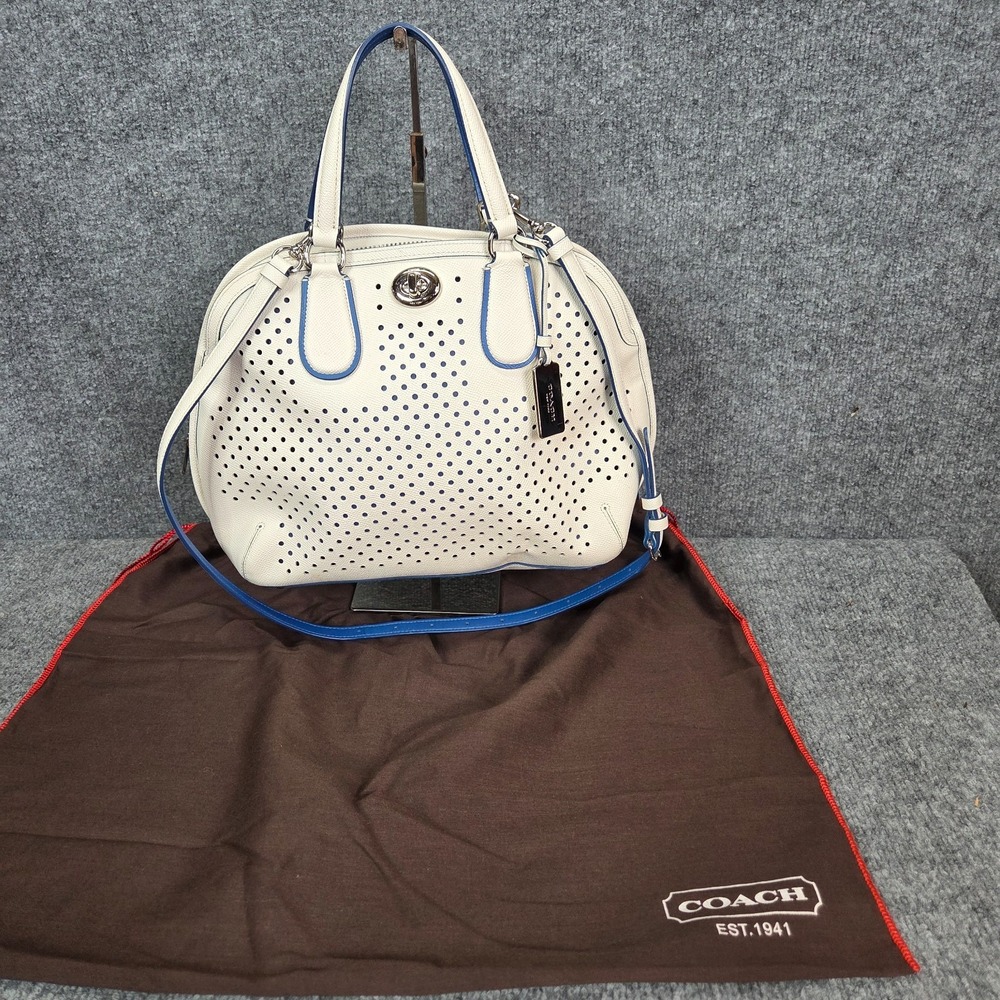 Coach 34705 Ivory Prince Street Perforated Satchel w/ Blue Trim Vintage Y2k
